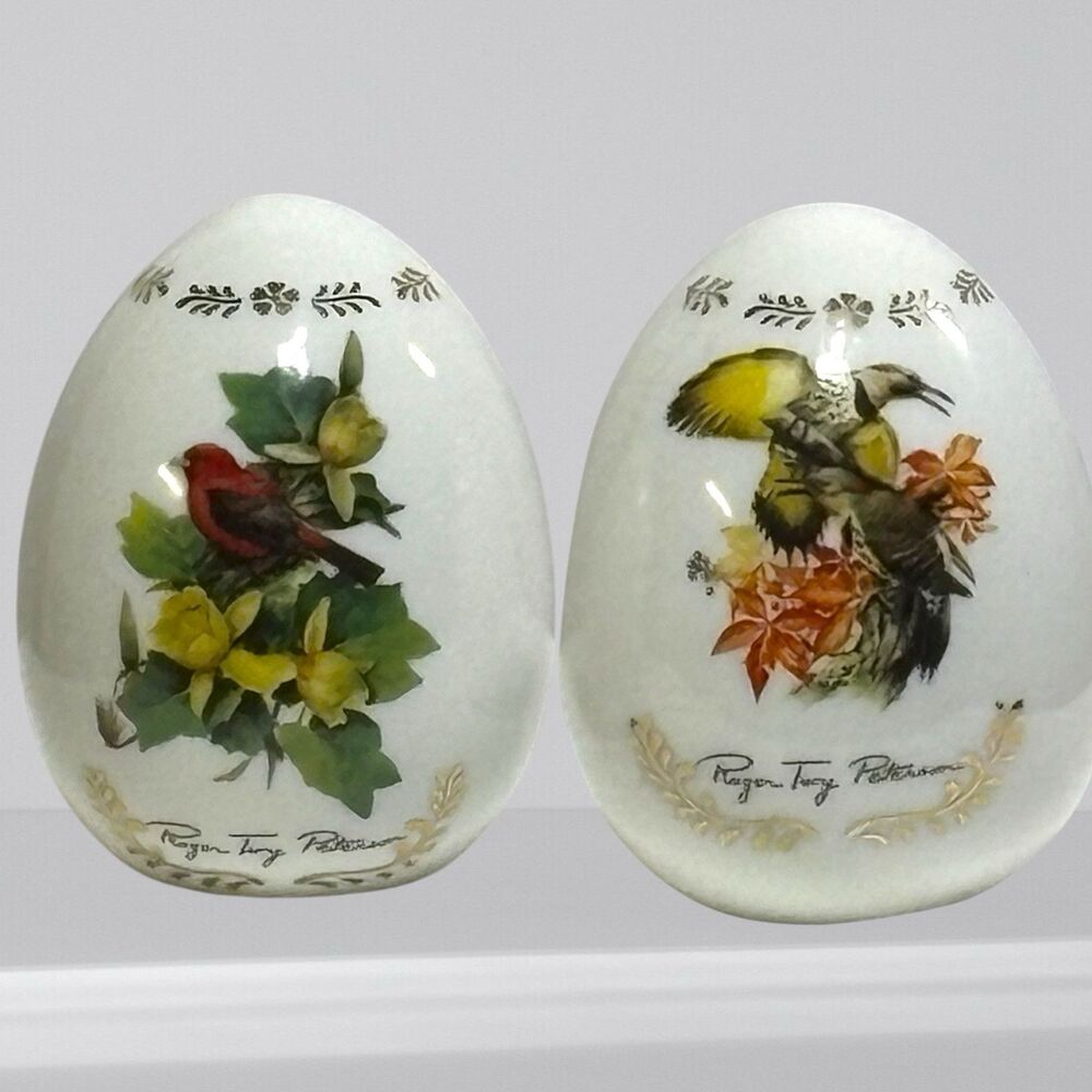 Danbury Mint 1995 2 Porcelain Songbird Eggs "Scarlet Tanager" "Flicker" Peterson